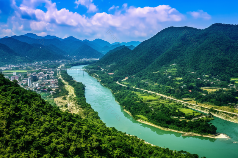 蓝天白云大桥森林河流小镇风景图,高清,摄影图,摄影图片,图片大全,摄影图免费下载